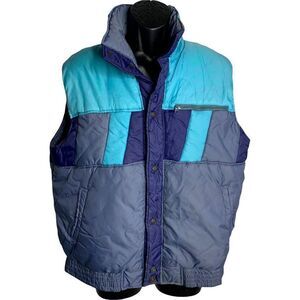 Vintage 80s Mens Alpine Ski Puffer Vest L Gray Color Block Snap Front Zip